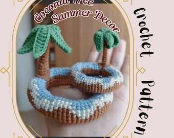 Palmeira, decoração de verão, padrão de crochê, coqueiro fofo, tema de praia, boia de natação, bolsa de férias, pingente amigurumi, vista para o mar, brinquedo redondo de brincar