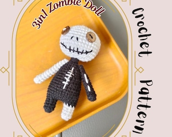 3in1 Zombie Doll Crochet Pattern Black and White Overall Zombie Amigurumi Skull Plush Toy Spooky Halloween Girl Gift Monster Low Sew Pattern