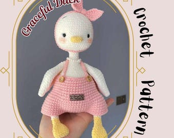 Graceful Duck Crochet Pattern Female Lady Goose Duckling with Bow Ribbon Stuffed Plushie Snuggle Pillow Amigurumi Duck Toy Geese Water Bird
