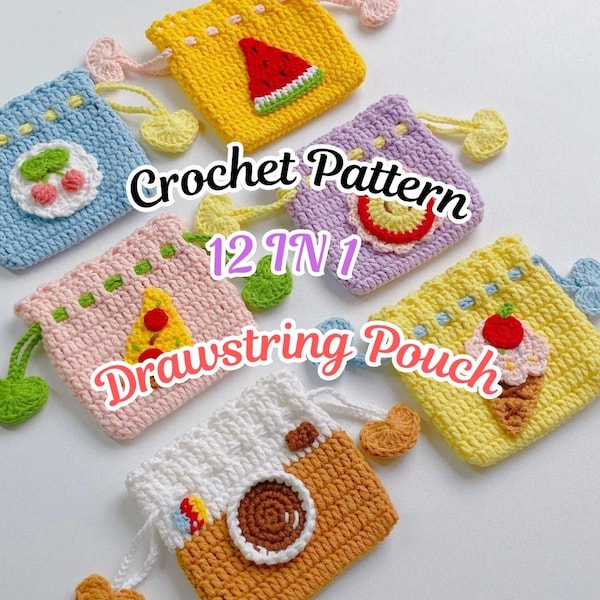 12 In 1 Drawstring Pouch Crochet Pattern Small Bag Fruit Earbuds Case Mini Makeup Bag Cute Bear Fish Duck Star Food Pouch Bag For All