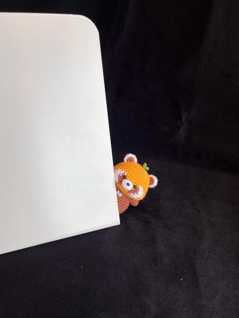 K&ouml;nnte beinhalten: Ein handgeh&auml;kelter roter Panda, der hinter einem wei&szlig;en rechteckigen Objekt hervorlugt. Der rote Panda hat orange-wei&szlig;es Fell mit kleinen braunen Ohren und einem gr&uuml;nen Blatt auf dem Kopf. Der Hintergrund ist schwarz.