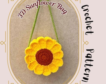 3D Sunflower Bag Crochet Pattern Flower Cute Simple Shoulder Sling Bag Daisy Floral Handbag Pattern Spring Summer Bag Gift For All