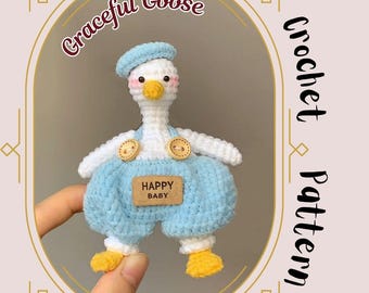 Sierlijke gans haakpatroon laag naai ganzen met overall en hoed amigurumi knuffel knuffel baby eend knuffel cadeau eendje watervogel