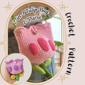 May include: A crochet pattern for a 2-in-1 tulip bag and purse. The bag is pink with green leaves and a button closure. The pattern is available for download.
