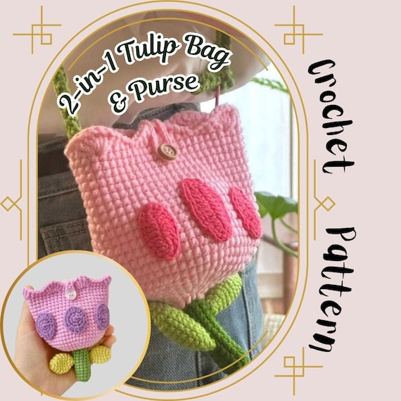 2IN1 Tulip Sling Bag & Purse Crochet Pattern Easy Flower Shoulder Bag Big and Small Pouch Floral Crossbody Handbag Purse Quick Pattern
