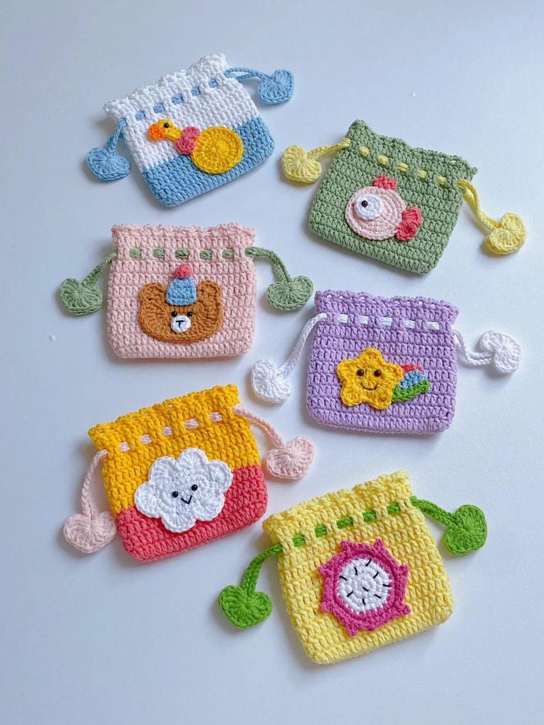 12 in 1 Drawstring Pouch Crochet Pattern Small Bag Fruit Earbuds Case ...