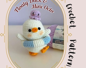 Patrón de crochet de pato flotante y mini pulpo, patito nadador amigurumi, pulpo pequeño, juguete de playa, lindo sonajero de peluche para bebé.
