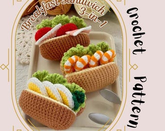 3IN1 Frühstück Sandwich Toast Häkelanleitung Brot Set mit Tomaten Salat Speck Garnelen Ei Einfach Kinder Lernspiel Spielzeug Küche Spielzeit