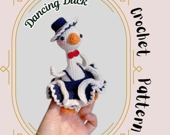 Dansende eend gehaakt patroon geklede eend amigurumi ouderwetse vintage schuur boerderij dieren gans met hoed leuk leuk doe-het-zelf knuffel