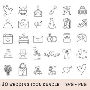 May include: A collection of 30 wedding-themed icons in a minimalist black and white style. The icons include a dove, church, champagne glasses, wedding dress, rings, cake, and more. Text at the bottom reads "30 WEDDING ICON BUNDLE SVG - PNG."