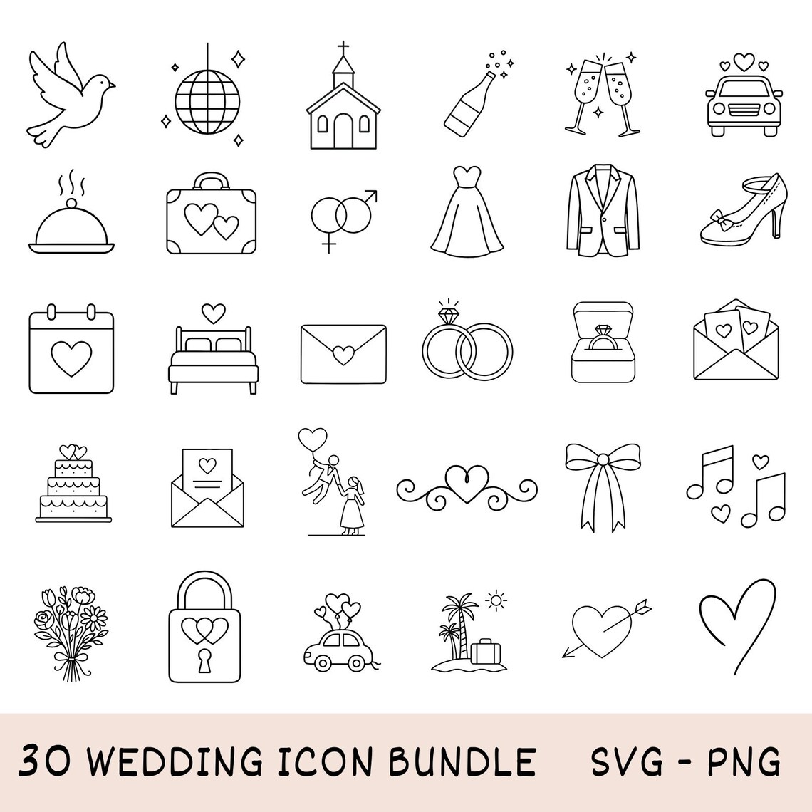 Wedding Icon Bundle SVG PNG – 30 Line Art Symbols for Invitations ...