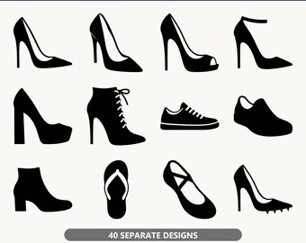 Op de afbeelding: Een digitale collectie getiteld 40 SHOE ICONS SVG BUNDLE met diverse zwarte silhouet-iconen van schoeisel, waaronder hakken, laarzen, sneakers en sandalen. De afbeelding bevat de tekst 40 SEPARATE DESIGNS en 40 SVG + 40 TRANSPARENT PNG.