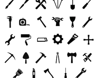 Op de afbeelding: Zwart-wit SVG-bundel van 25 gereedschapsiconen voor bouw- en doe-het-zelfprojecten. Bevat een penseel, hamer, moersleutel, zaag, schroevendraaier en meer. De tekst bovenaan luidt "25 TOOL ICON SVG BUNDLE - CONSTRUCTION & DIY". De tekst onderaan luidt "HIGH QUALITY VECTOR FILE TRANSPARENT PNG + SVG".