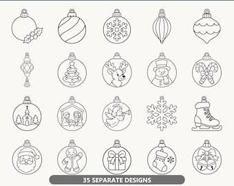 Op de afbeelding: Een digitale collectie getiteld 35 CHRISTMAS ORNAMENTS SVG BUNDLE met diverse zwart-wit lijntekeningen van kerstversieringen, waaronder kerstballen, een sneeuwpop, een rendier, een kerststal, een sneeuwvlok en een peperkoekmannetje.