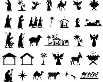 Op de afbeelding: Een verzameling van 32 zwarte vectorafbeeldingen die scènes uit de kerststal uitbeelden. De afbeeldingen bevatten engelen, palmbomen, kamelen en figuren. De tekst bovenaan luidt "32 Holy Night Nativity Silhouette Bundle".