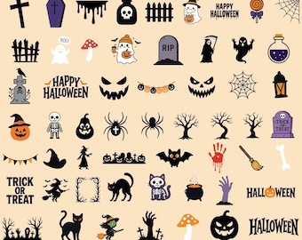 Op de afbeelding: Een verzameling van 58 Halloween-thema vectorafbeeldingen. De illustraties bevatten geesten, pompoenen, vleermuizen, spinnen, grafstenen en de woorden "Happy Halloween" en "Trick or Treat".