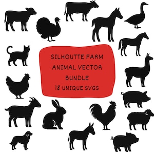 18 Farm Animal SVG and PNG Silhouette Bundle | Farm Animal Vectors Transparent Background | Barn Animal Clipart for Cricut & Commercial Use