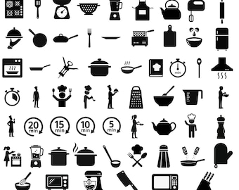 Op de afbeelding: Een verzameling van 60 zwarte SVG-pictogrammen met een keuken- en kookthema. De pictogrammen omvatten een fornuis, weegschaal, blender, schort, theepot, mixer, deegroller, koelkast, oven, pan, kurkentrekker, kookpot, kookboek, timer, lepel, chef-kok en meer.