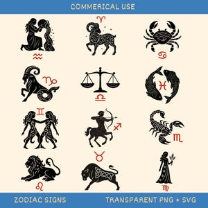 May include: A collection of black zodiac sign illustrations on a cream background. Each sign is depicted with intricate details, including an archer, a crab, and a ram. The text "ZODIAC SIGNS" and "TRANSPARENT PNG + SVG" are at the bottom.