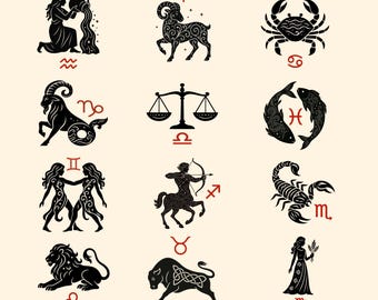 Op de afbeelding: Zwarte illustraties van dierenriemtekens op een crèmekleurige achtergrond. Elk teken is gedetailleerd, waaronder een boogschutter, een krab en een ram. De tekst "ZODIAC SIGNS" en "TRANSPARENT PNG + SVG" staat onderaan.