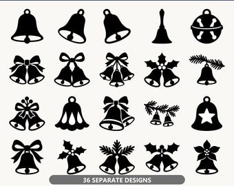 Op de afbeelding: Een digitale collectie getiteld 36 CHRISTMAS BELL SVG BUNDLE met diverse zwarte silhoueticonen van klokken, sommige versierd met strikken, hulstbladeren, dennentakken of sterren. De afbeelding bevat 36 afzonderlijke ontwerpen in SVG en PNG.