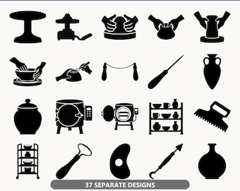 Op de afbeelding: Een digitale collectie getiteld 37 POTTERY STUDIO TOOLS SVG BUNDLE met zwarte silhoueticonen van diverse keramiekapparatuur, waaronder pottenbakkersschijven, ovens, rekken, handgereedschap en vaten, met 37 SEPARATE DESIGNS.