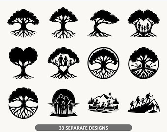 Op de afbeelding: Een digitale collectie getiteld 33 FAMILY REUNION SVG BUNDLE met zwarte silhouetafbeeldingen van bomen, familiegroepen, hartvormen, berglandschappen en buitenactiviteiten. De set bevat 33 afzonderlijke ontwerpen in SVG- en PNG-bestandsindelingen.
