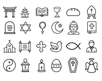 Op de afbeelding: Een verzameling zwart-witte lijniconen die verschillende symbolen van geloof en religie vertegenwoordigen. Iconen zijn onder meer een kerk, kruis, Davidster, maan en ster, Boeddha en een engel. De tekst bovenaan luidt "FAITH & RELIGION LINE ICONS SVG BUNDLE".