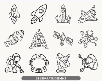 Op de afbeelding: Een digitale collectie van 32 ruimtevaart-omtrekiconen in SVG- en PNG-formaat. De zwart-witte lijntekeningen tonen raketten, een spaceshuttle, een maanlander, satellieten, astronauten, een helm en radars met de tekst 32 SPACE OUTLINE ICONS SVG BUNDLE.