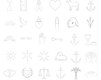 Op de afbeelding: Een verzameling zwart-wit lijntekeningen met religieuze symbolen en iconen. Bevat afbeeldingen van een zandloper, biddende handen, een hart, een lam, een anker, een duif, een zon en meer. De tekst bovenaan luidt "FRUIT OF THE SPIRITS SVG BUNDLE".