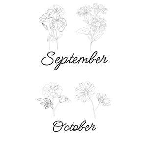 May include: Black and white line art illustration of flowers, including petunias, daisies, marigolds, and cosmos. The word "September" is written in cursive above the flowers, and "October" is written below.