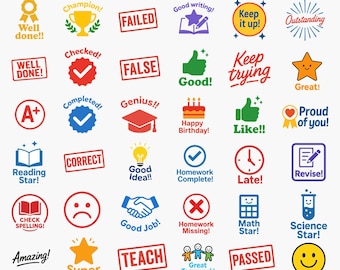Op de afbeelding: Een verzameling van 36 docentenstempelvectoren in verschillende vormen en kleuren, waaronder sterren, duimen omhoog en vinkjes. Tekst omvat "Goed gedaan!", "Goed gedaan!" en "Geslaagd!". De afbeelding bevat ook de tekst "HIGH QUALITY VECTOR FILE TRANSPARENT PNG + SVG".