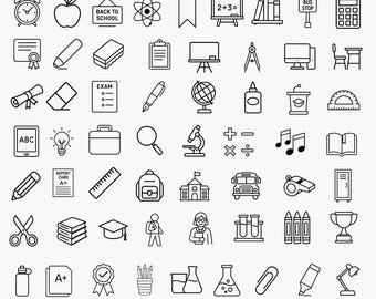 May include: A collection of 60 black and white teacher and school-themed vector graphics. Includes icons of an alarm clock, apple, books, bus, calculator, pencil, eraser, exam, globe, microscope, and more. Text includes "60 TEACHER & SCHOOL VECTORS" and "HIGH QUALITY VECTOR FILE TRANSPARENT PNG + SVG".
