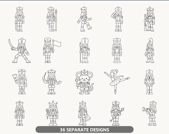 Op de afbeelding: Een digitale collectie getiteld 36 NUTCRACKER CHRISTMAS SVG BUNDLE met diverse zwart-wit lijntekeningen van notenkrakerfiguren, een muizenkoning en een ballerina. De set bevat 36 afzonderlijke ontwerpen in SVG- en PNG-bestandsformaten.