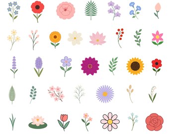May include: A collection of 36 cute floral and leaf vector illustrations in various colors. The image includes a variety of flowers, leaves, and floral elements. The text at the top says "36 CUTE FLORAL & LEAF VECTOR ILLUSTRATIONS".