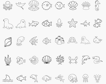 Op de afbeelding: Een verzameling van 40 oceaan-thema vectorillustraties in zwart en wit. De afbeeldingen bevatten verschillende zeedieren zoals vissen, zeesterren en een zeepaardje. De tekst bovenaan luidt "40 OCEAN THEMED VECTORS". De tekst onderaan luidt "HIGH QUALITY VECTOR FILE TRANSPARENT PNG + SVG".