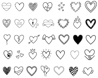 Op de afbeelding: Een verzameling van 35 handgetekende hartvectorillustraties in zwart en wit. De harten hebben verschillende ontwerpen, waaronder effen, omrand en patroonstijlen, met sommige met vleugels, kronen en andere decoratieve elementen. De tekst bovenaan luidt "35 HEART VECTOR ILLUSTRATIONS".