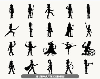 Op de afbeelding: Een digitale collectie van 35 zwarte notenkraker-silhouetten in SVG- en transparante PNG-indelingen. De afbeelding toont diverse notenkrakerfiguren, waaronder soldaten, een muizenkoning en een ballerina, met de tekst 35 NUTCRACKER SILHOUETTES SVG BUNDLE.