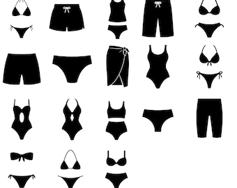 May include: A collection of black swimwear silhouettes, including bikinis, swim trunks, and one-piece swimsuits. The image includes the text "SWIMWEAR SILHOUETTE SVG BUNDLE" and "HIGH QUALITY VECTOR FILE TRANSPARENT PNG + SVG".