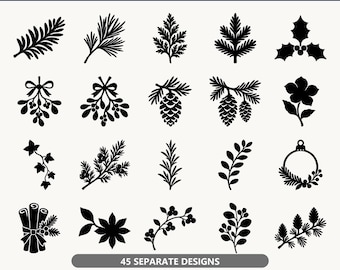 Op de afbeelding: Een digitale collectie getiteld 45 CHRISTMAS BOTANICALS SVG BUNDLE met zwarte silhoueticonen van dennentakken, hulst, maretak, dennenappels, kaneelstokjes en kransen. De set bevat 45 afzonderlijke ontwerpen in SVG- en PNG-bestandsformaten.