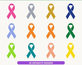 Op de afbeelding: Een digitaal grafisch pakket getiteld 20 CANCER AWARENESS RIBBONS SVG BUNDLE met twaalf verschillende gekleurde bewustwordingslinten in een raster. De tekst 20 SEPARATE DESIGNS en 20 SVG + 20 TRANSPARENT PNG staat onderaan.