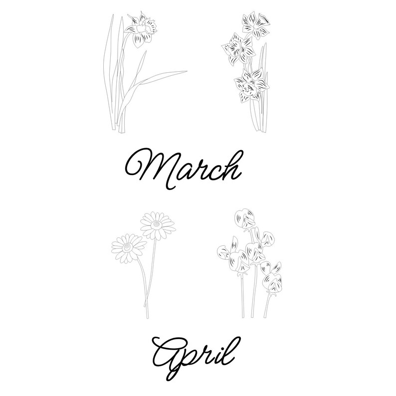 May include: Line drawing of spring flowers, including daffodils and daisies, with the words "March" and "April" in elegant script. The image is a simple black and white illustration.