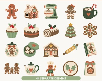 Op de afbeelding: Een digitale collectie getiteld 44 GINGERBREAD BAKERY SVG BUNDLE met diverse illustraties in vakantiethema, waaronder peperkoekmannetjes, een huis, een mixer, een mok, een cupcake, een taart, een boom, een sneeuwvlok, een pot en een deegroller.