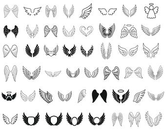 Op de afbeelding: Een verzameling van 50 engelenvleugelontwerpen in zwart en wit. De vleugels variëren in stijl, van eenvoudige contouren tot gedetailleerde illustraties. De tekst "50 ANGEL WINGS SVG BUNDLE" staat bovenaan. De onderste tekst luidt "HIGH QUALITY VECTOR FILE TRANSPARENT PNG + SVG".