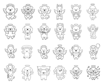 Op de afbeelding: Een verzameling zwart-wit Kawaii engel honden illustraties. Elke hond heeft vleugels en een halo, en houdt verschillende objecten vast. De tekst bovenaan luidt "KAWAII ANGEL DOG SVG BUNDLE - CUTE WINGED PUPPY LINE".