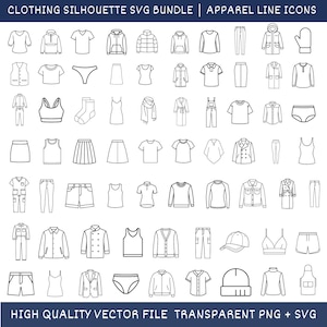 Puede incluir: Una colección de iconos de línea de siluetas de ropa en blanco y negro, que incluyen camisas, chaquetas, pantalones, faldas y accesorios. El texto "CLOTHING SILHOUETTE SVG BUNDLE | APPAREL LINE ICONS" está en la parte superior. El texto "HIGH QUALITY VECTOR FILE TRANSPARENT PNG + SVG" está en la parte inferior.