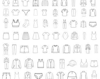 Op de afbeelding: Een verzameling zwart-witte kleding silhouet lijniconen, waaronder shirts, jassen, broeken, rokken en accessoires. De tekst "CLOTHING SILHOUETTE SVG BUNDLE | APPAREL LINE ICONS" staat bovenaan. De tekst "HIGH QUALITY VECTOR FILE TRANSPARENT PNG + SVG" staat onderaan.