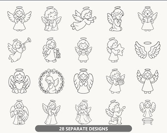 Op de afbeelding: Een digitale collectie getiteld 28 CHRISTMAS ANGEL SVG BUNDLE met achtentwintig zwart-wit lijntekeningen van engelen met halo's en vleugels. De ontwerpen bevatten engelen die harten, sterren, geschenken, lantaarns en trompetten vasthouden.