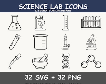 Op de afbeelding: Een digitale bundel van 32 wetenschappelijke laboratoriumiconen met zwarte omtreklijnen van laboratoriumapparatuur zoals bekers, reageerbuizen, een microscoop, een Bunsenbrander, een DNA-streng en een molecuul. Tekst: SVG BUNDLE SCIENCE LAB ICONS.