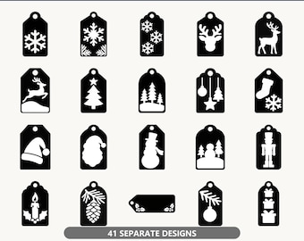 Op de afbeelding: Een verzameling van 41 zwart-witte kerstcadeaulabels met diverse feestelijke iconen zoals sneeuwvlokken, rendieren, kerstbomen, kerstballen, een kerstsok, een kerstmuts, een sneeuwpop, een notenkraker, een kaars en gestapelde cadeautjes.